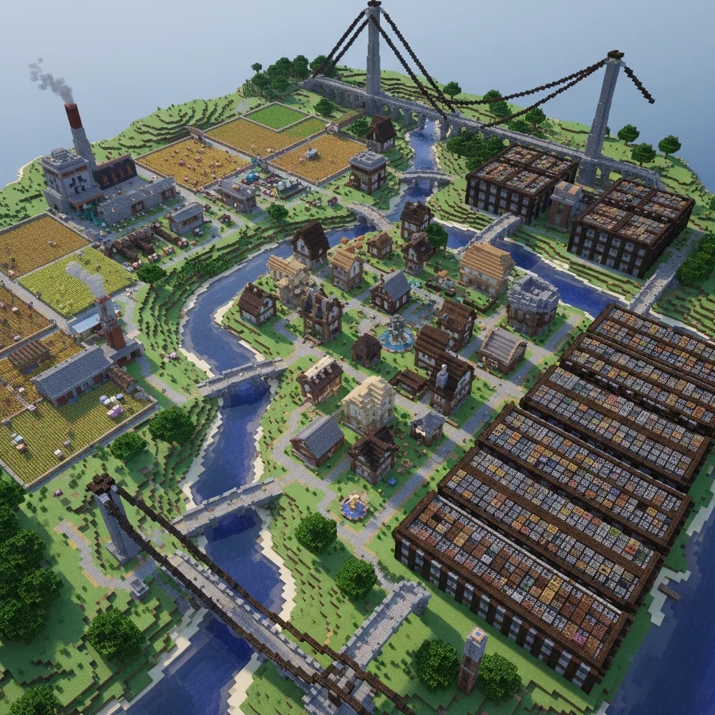 Minecraft mega base with multiple organized districts connected by paths