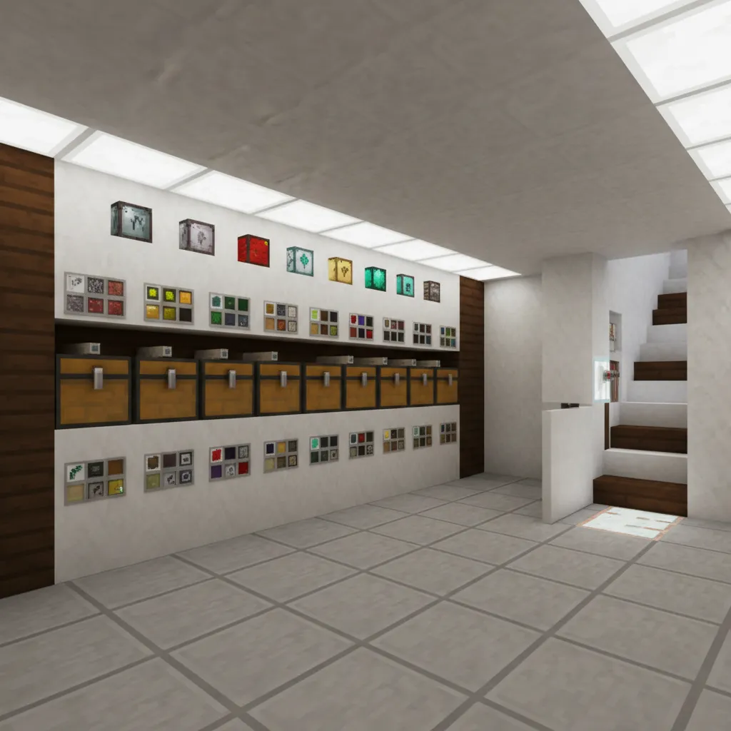 modern Minecraft base interior with hidden storage and basement