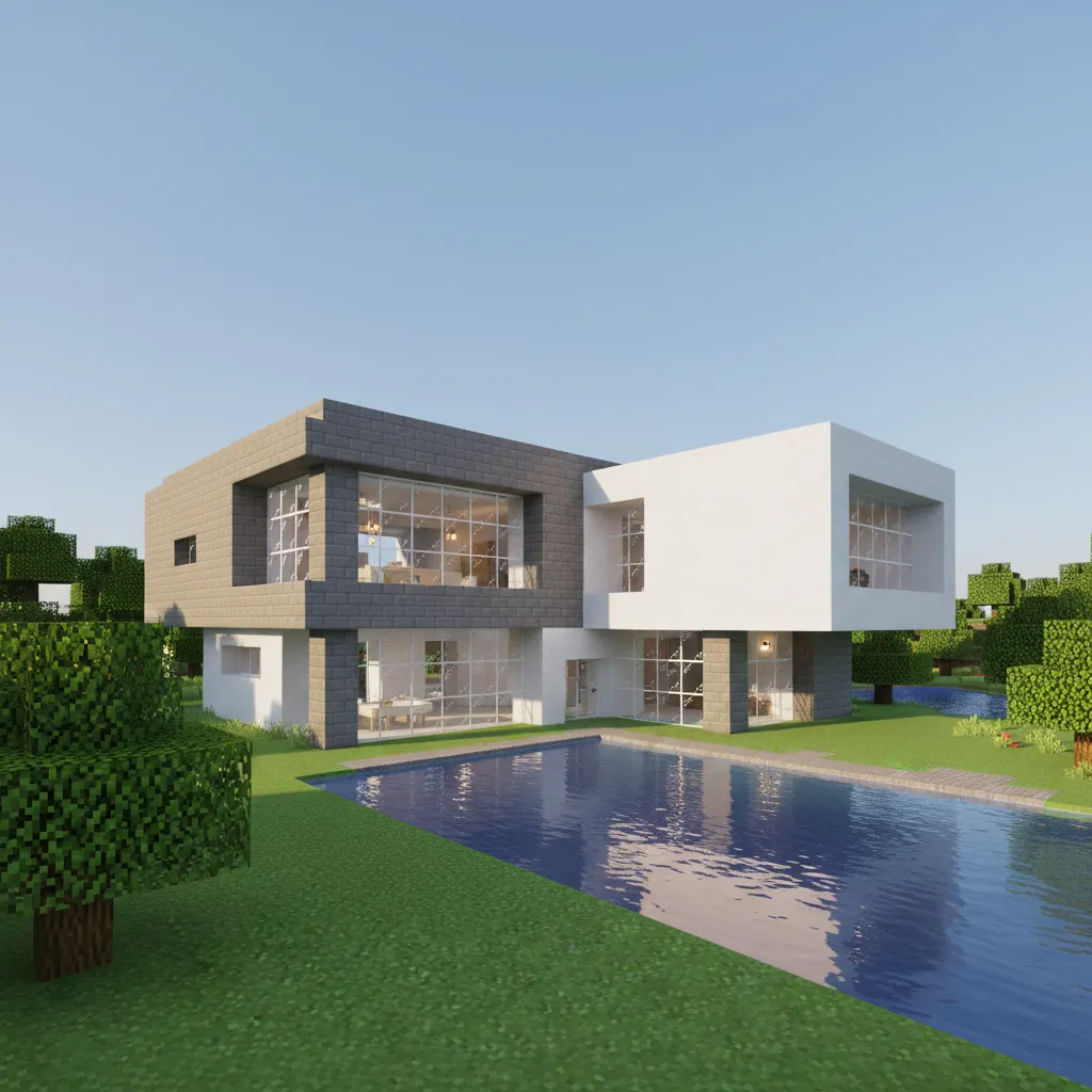 minecraft modern house using mixed inexpensive blocks for efficient design