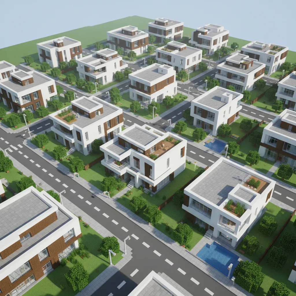 modern Minecraft residential city district with multiple houses