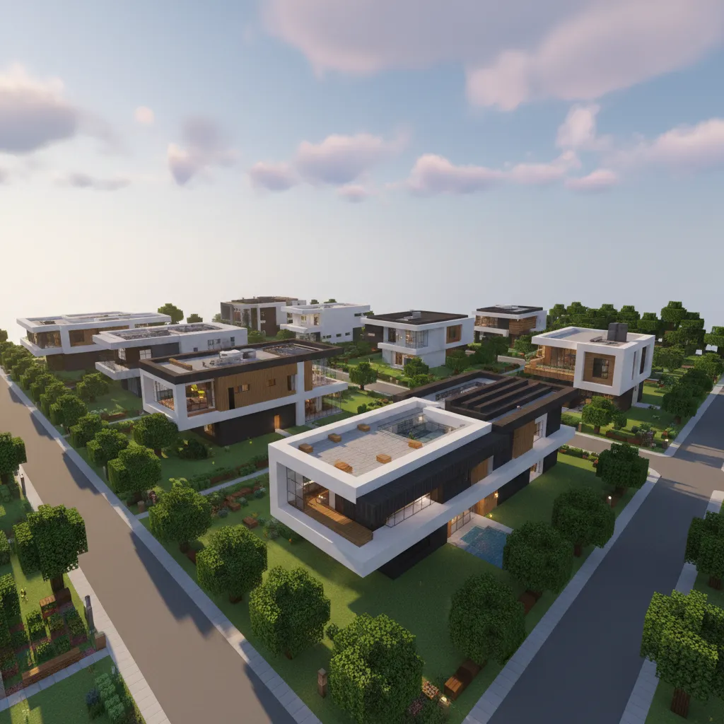 collaborative modern Minecraft houses built by multiple players