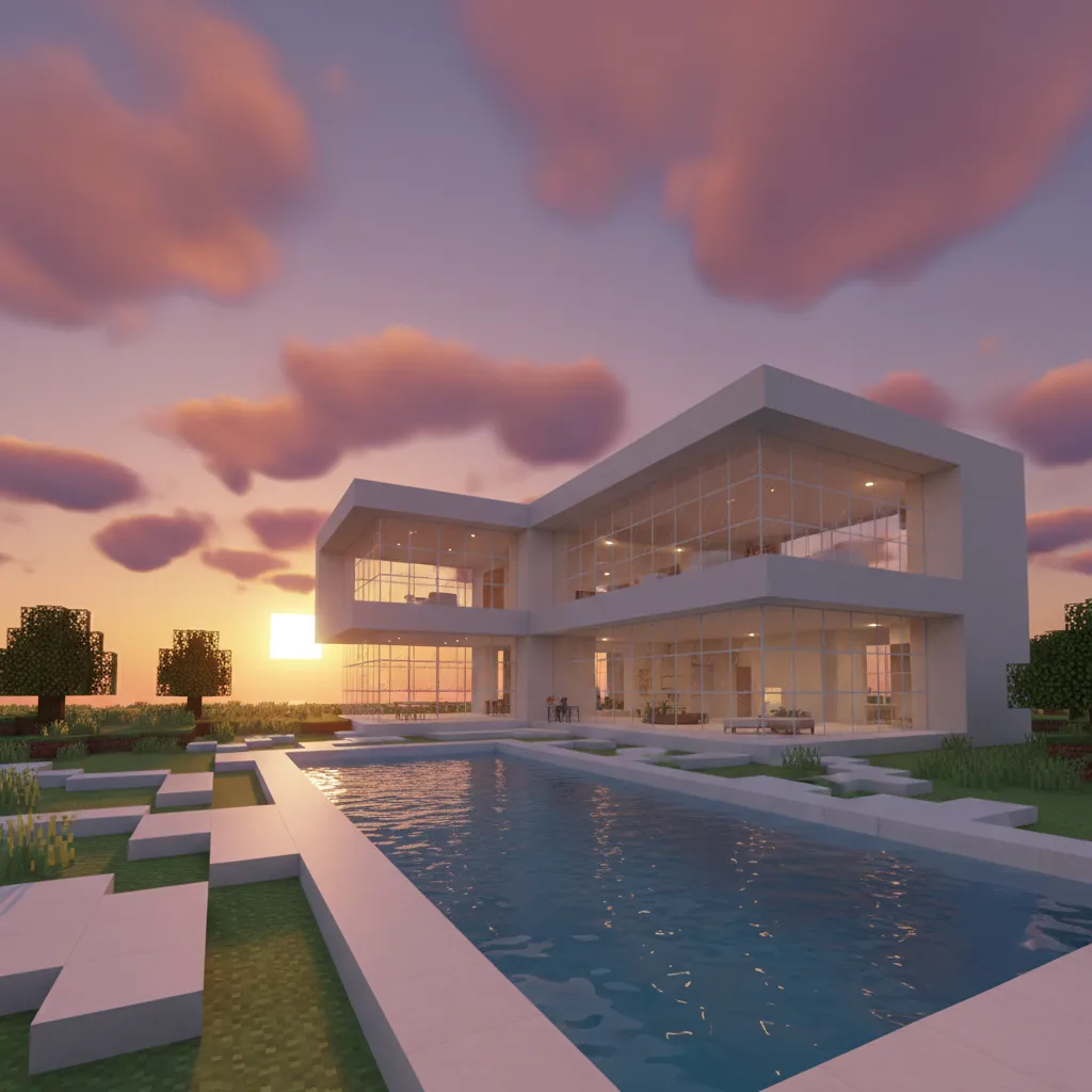Modern white house with large glass windows and swimming pool during a sunset in Minecraft