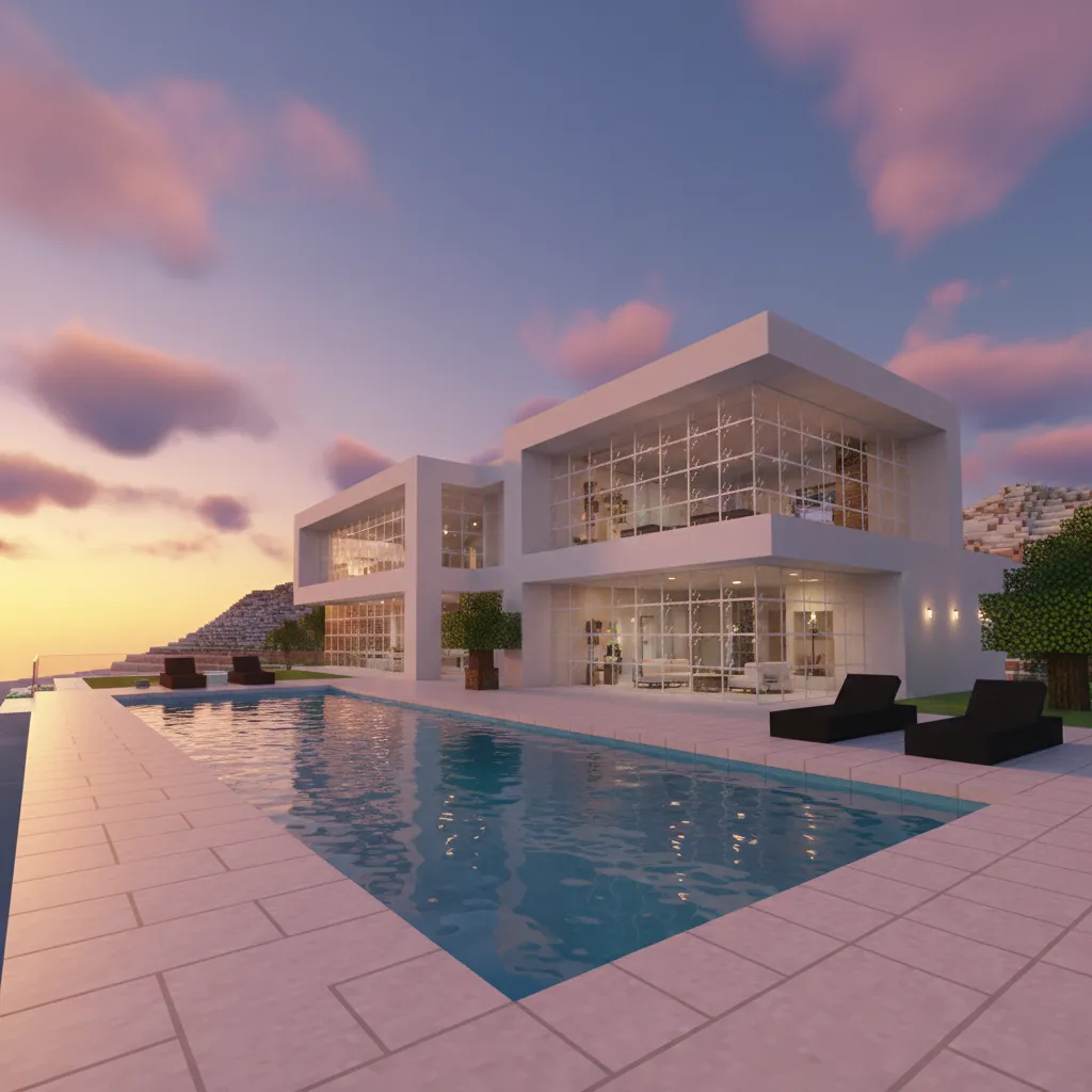 Casa moderna en Minecraft con grandes ventanas y estilo minimalista
