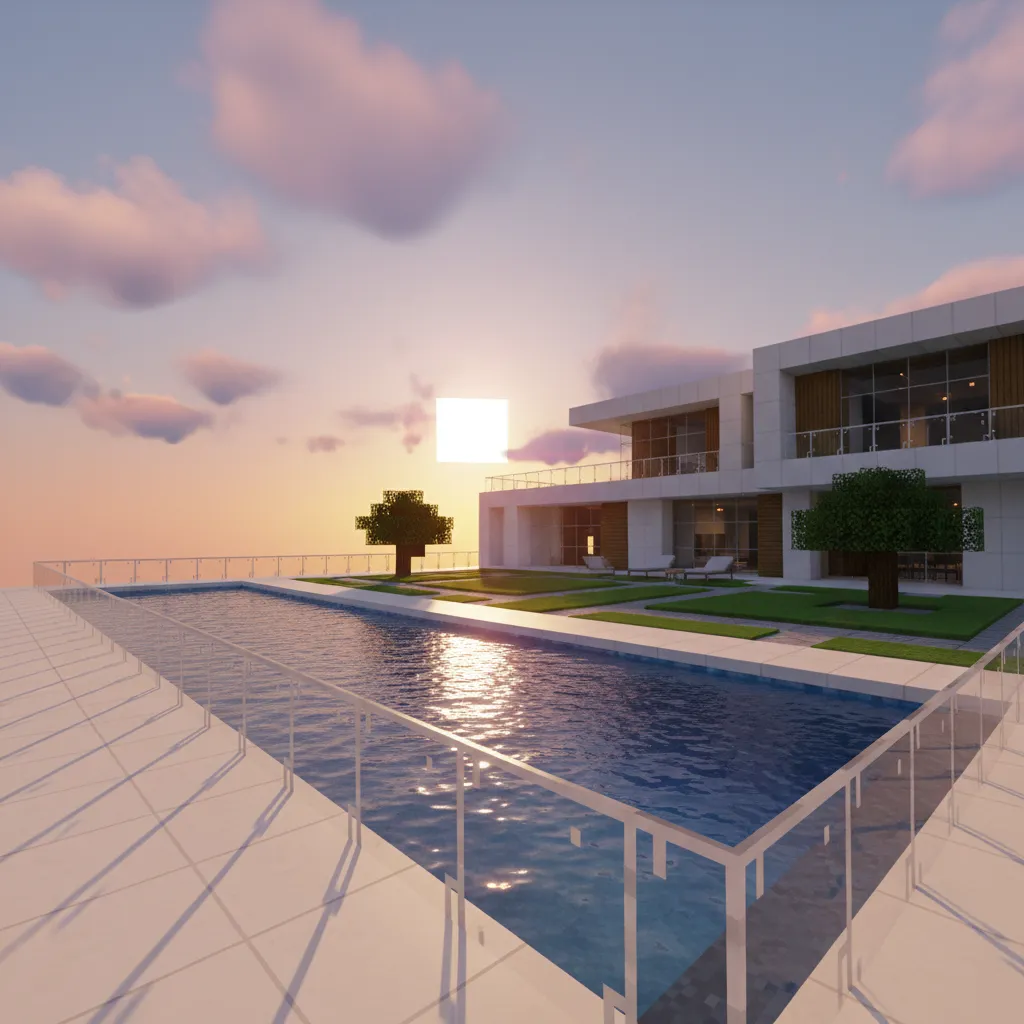 Detalles exteriores de una casa moderna en Minecraft con terraza y piscina
