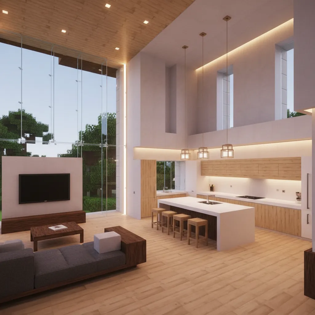 open concept modern minecraft house interior with living area and kitchen