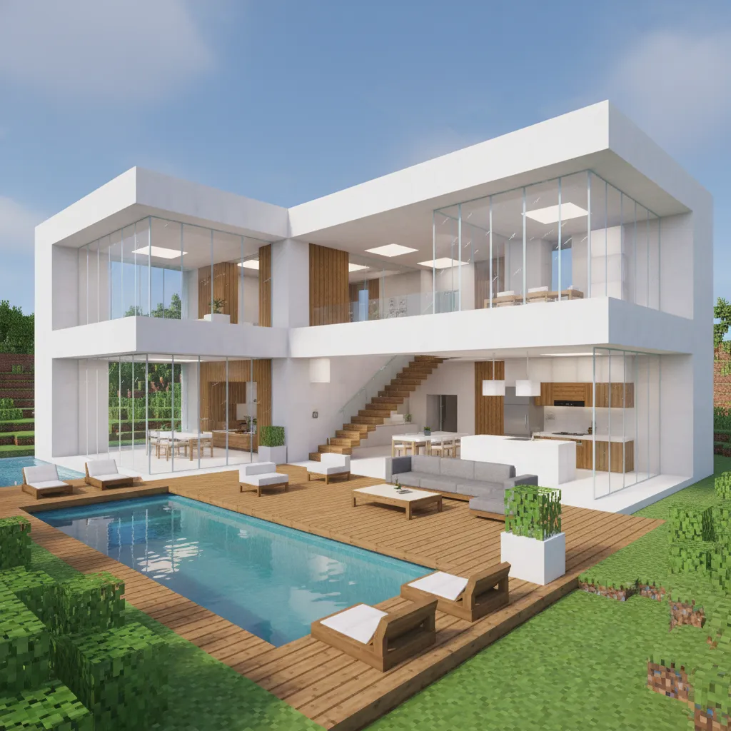 Modern Minecraft house with open floor plan glass walls and minimalist design