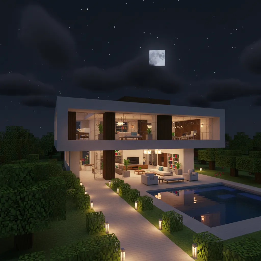 Iluminación nocturna en una casa moderna de Minecraft