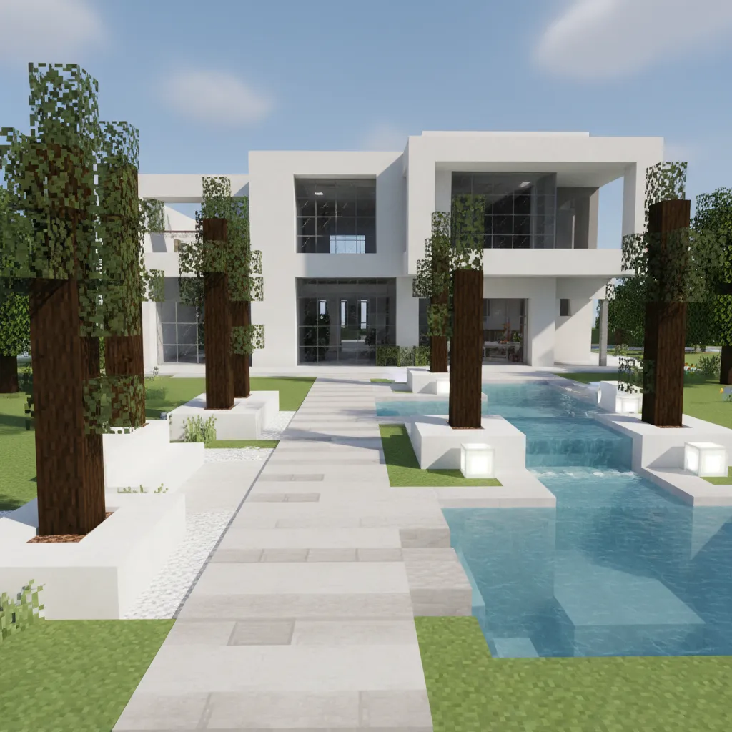 modern minecraft house landscaping with pathway grass layers and pool
