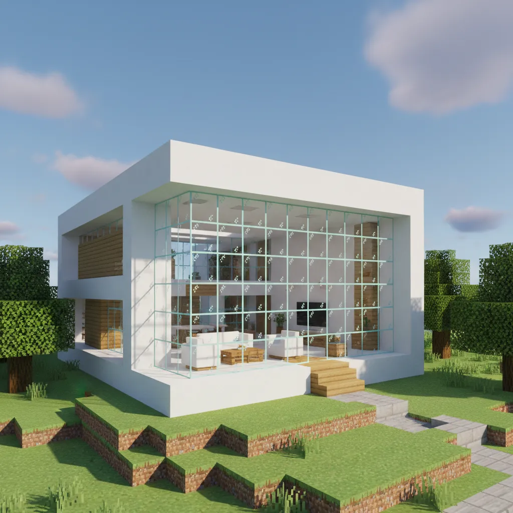 Rumah Minecraft minimalis dengan jendela besar
