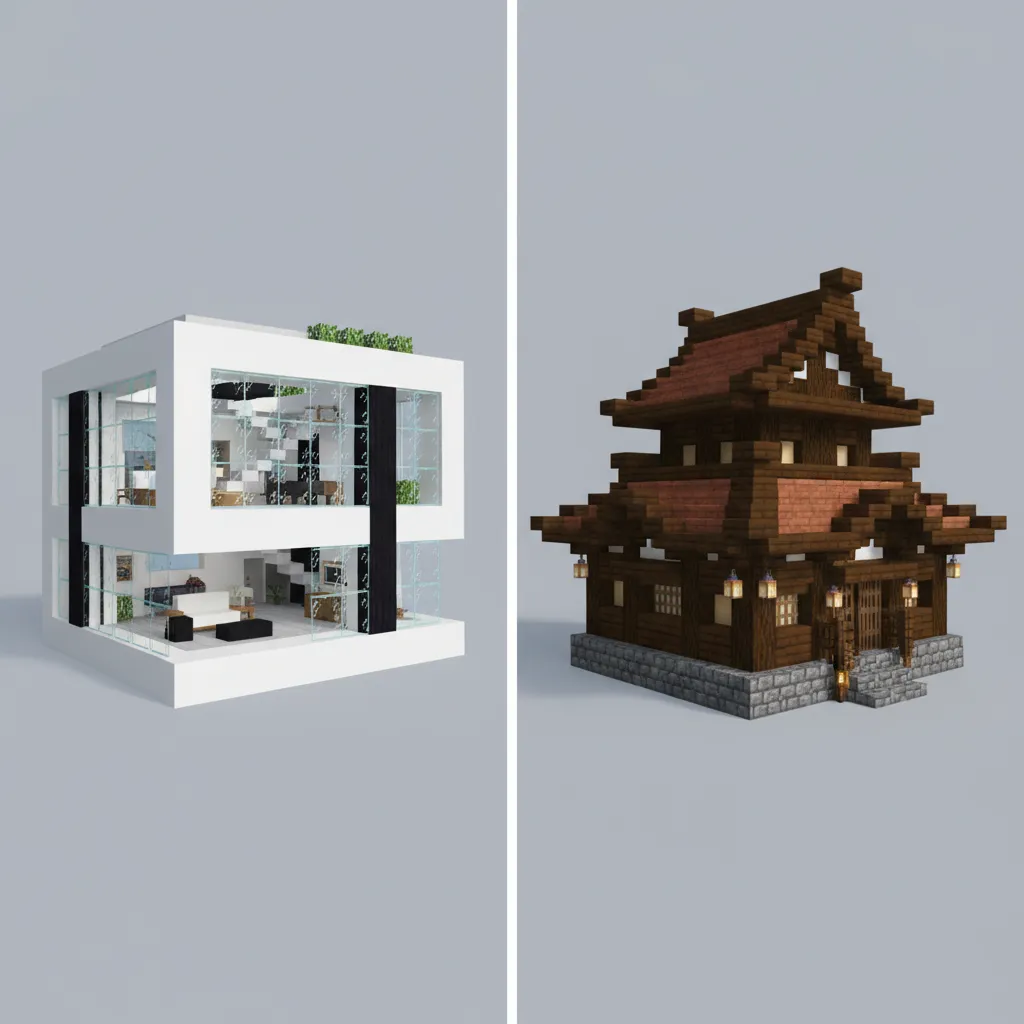 Comparison layout showing modern cubic house and traditional layered roof house