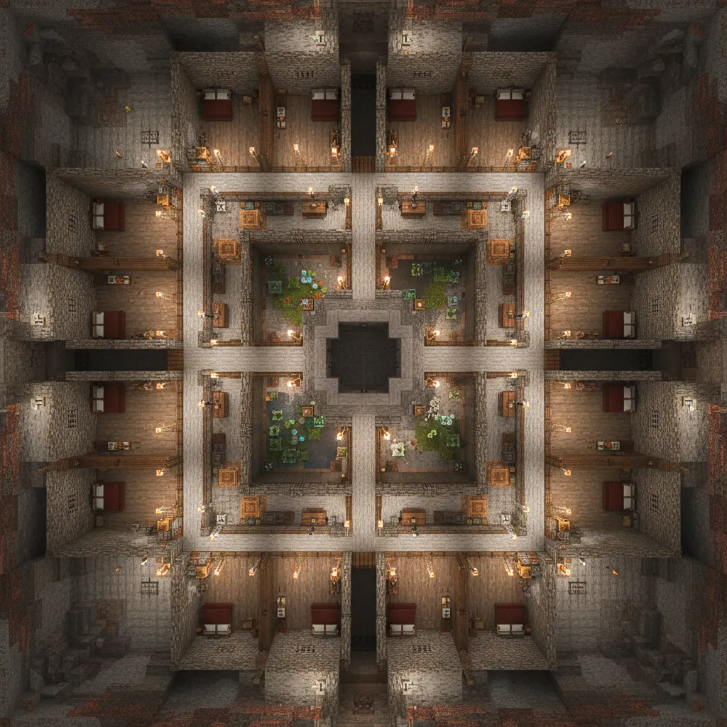 Minecraft modular base floor plan with expandable rooms and corridors