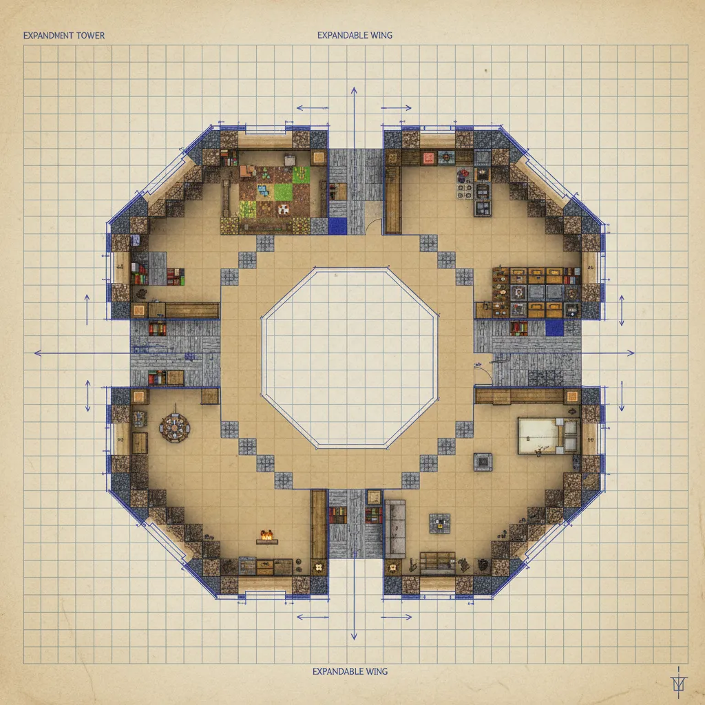 Octagonal Minecraft house interior design drawing showing kitchen bedroom living area and farm layout plan