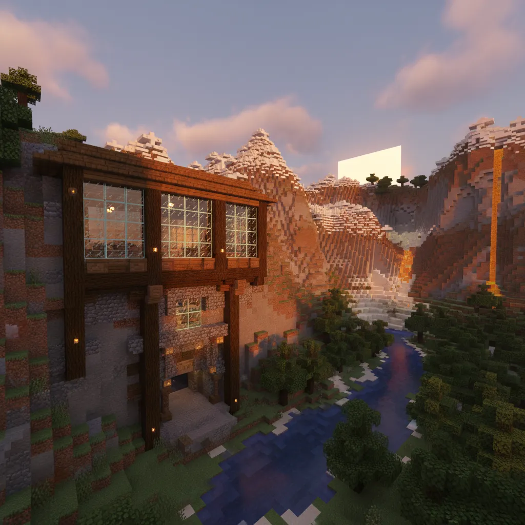 Casa integrada en una montaña en Minecraft con ventanas panorámicas
