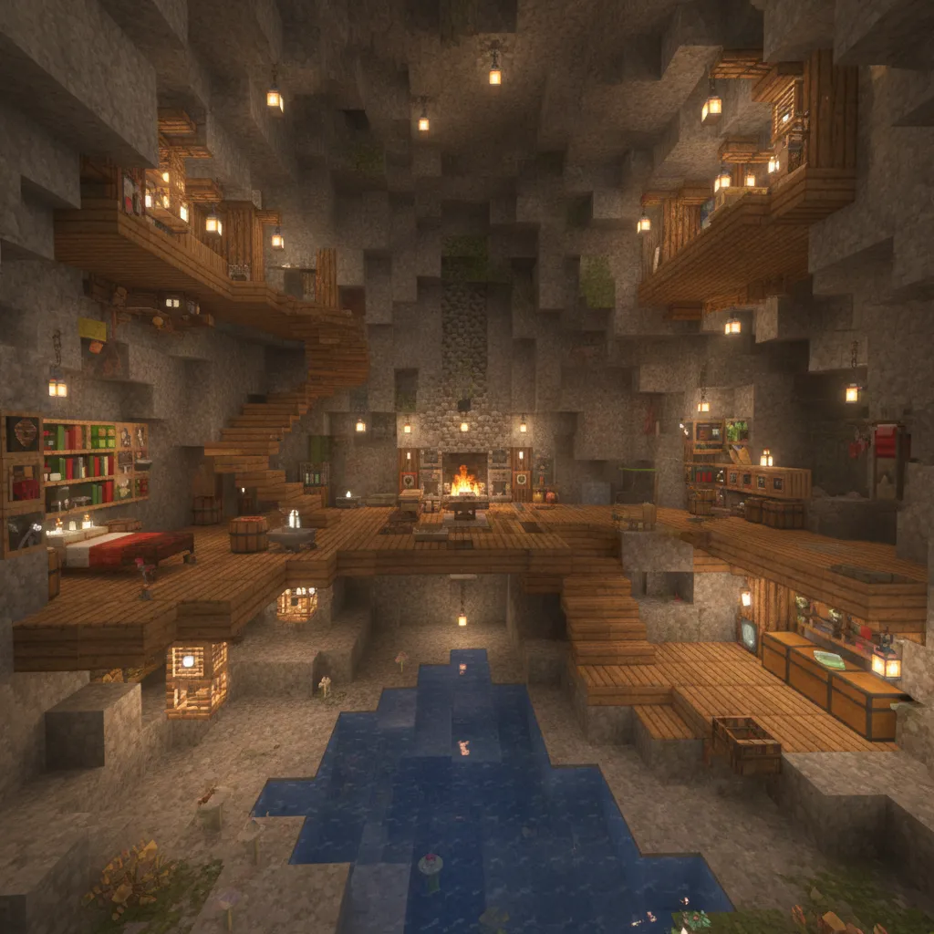 Large stone cave with wooden floors stairs many lanterns central fireplace blue water pond furniture