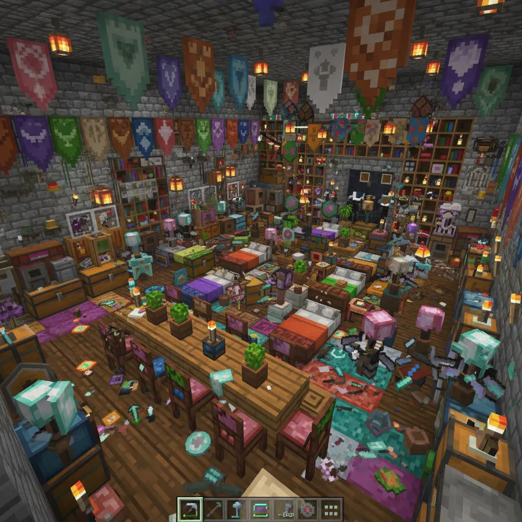Habitación en Minecraft con demasiados objetos decorativos y muebles