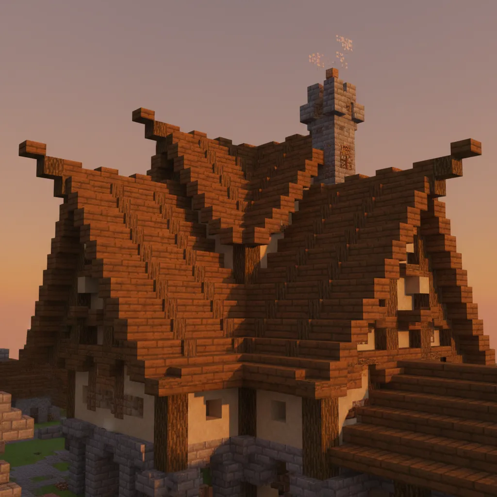 Detalle de tejado inclinado en una casa de Minecraft