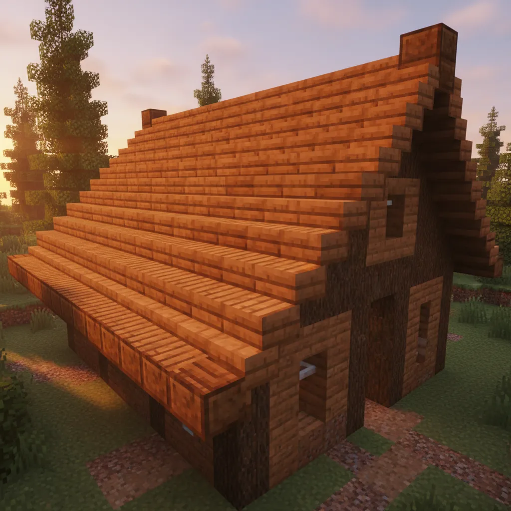 Detalle de tejado inclinado en una casa de madera de Minecraft