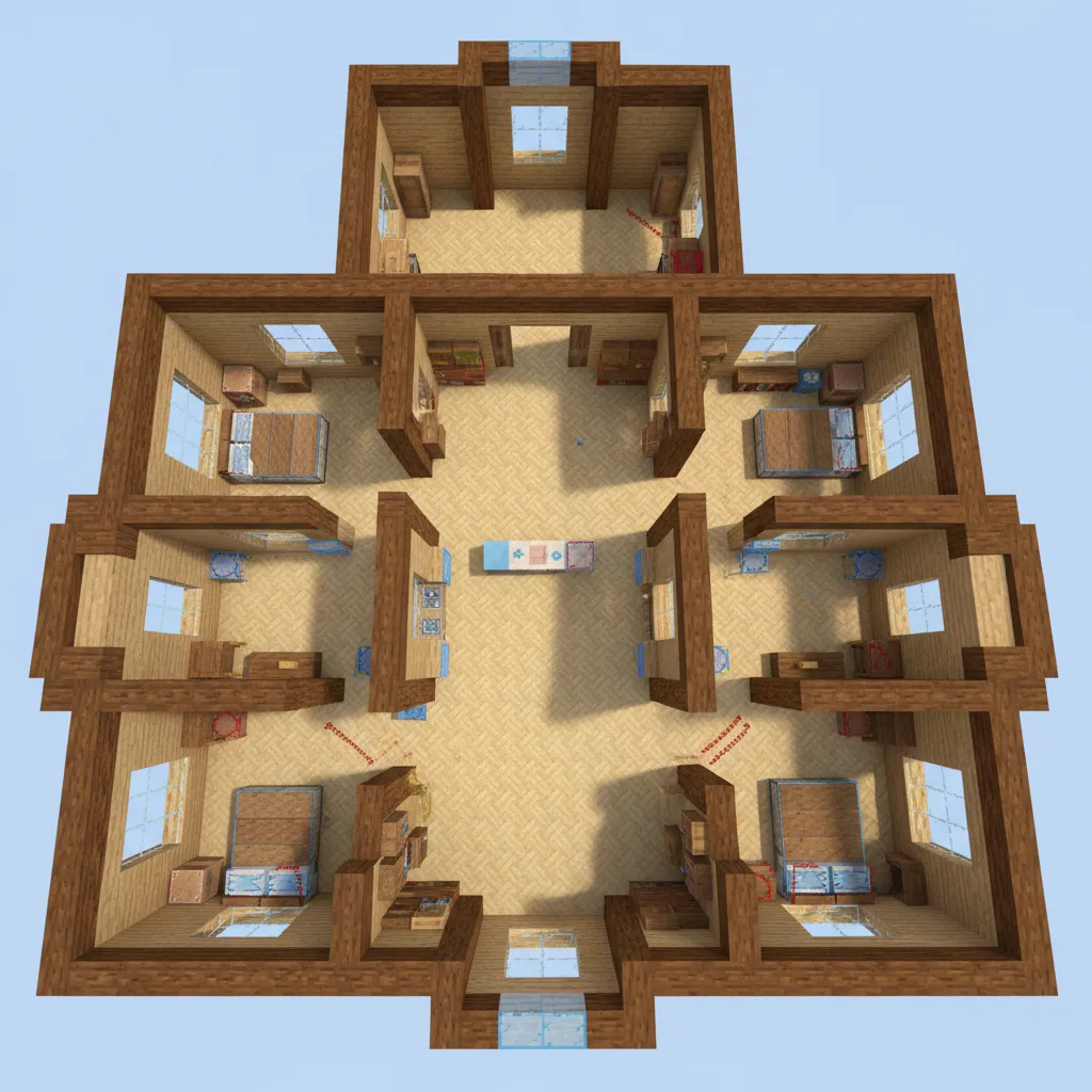 Distribución interior de una casa de Minecraft con varias habitaciones