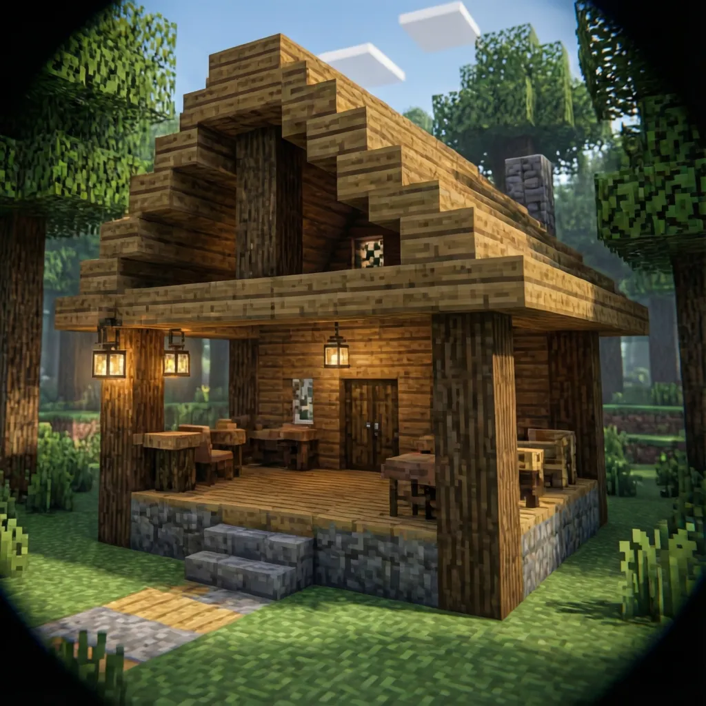 Casa rústica de madera y piedra en Minecraft
