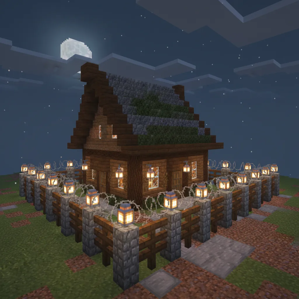 Casa de aldeano protegida con vallas y iluminación en Minecraft