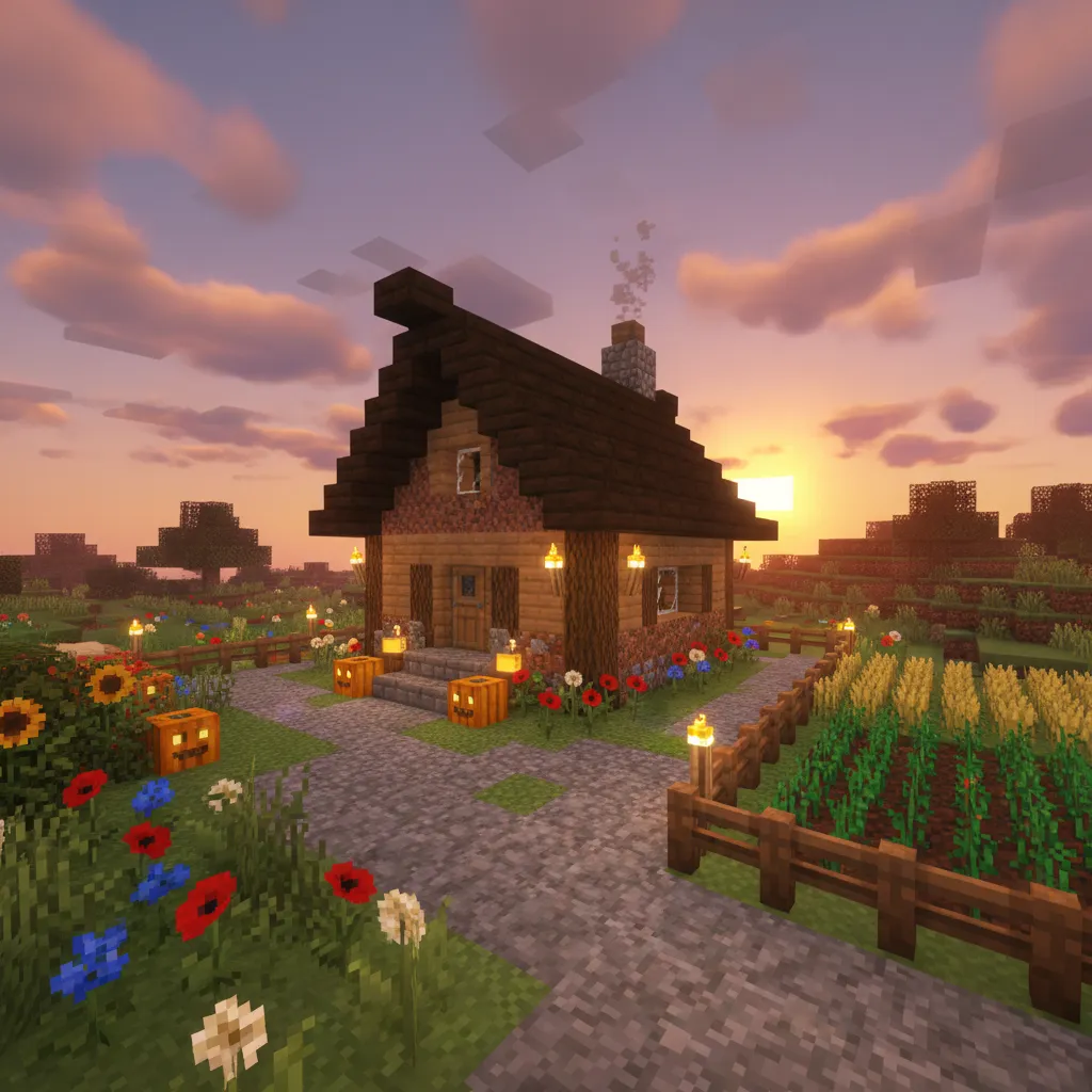 Rumah Minecraft dengan taman kecil dan jalan setapak
