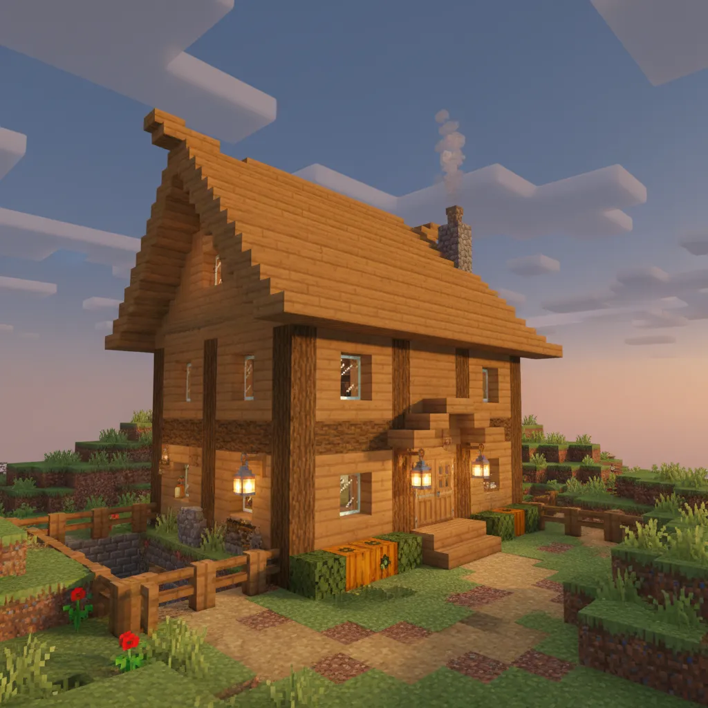 Rumah Minecraft dengan atap miring dari tangga kayu