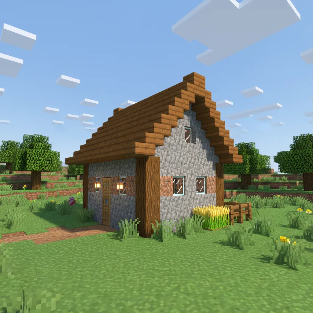 Casa simple de madera en Minecraft con techo inclinado