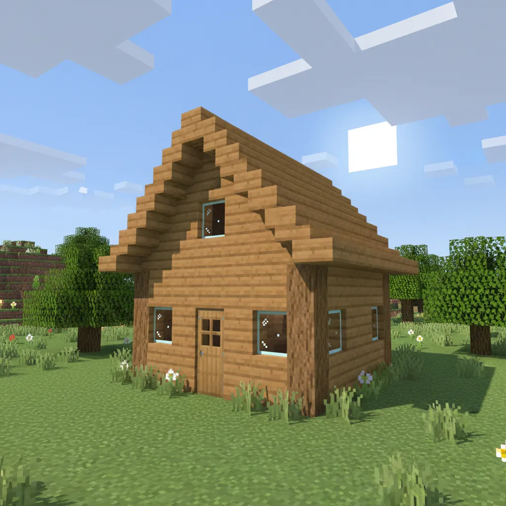 Casa básica de madera en Minecraft con techo inclinado