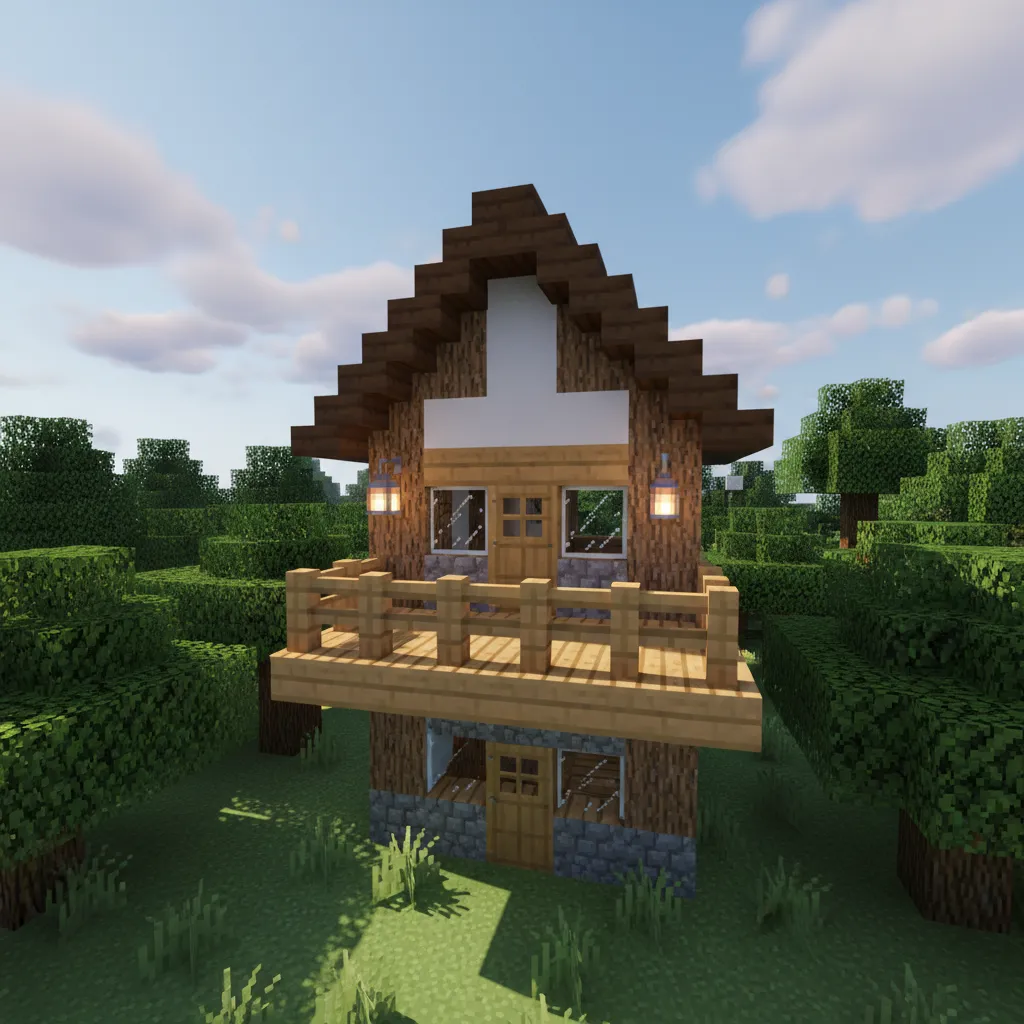 Simple Minecraft survival wooden balcony using slabs and fences