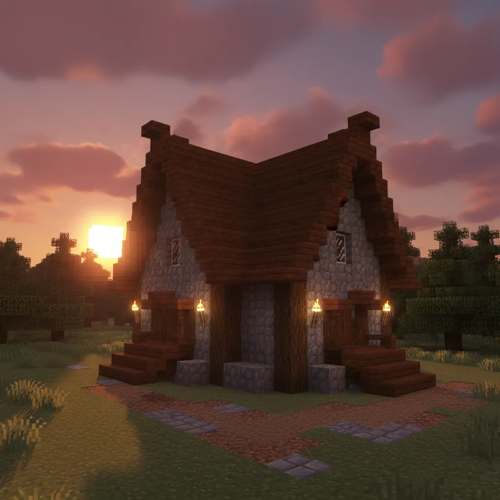 Casa de Minecraft con tejado inclinado de madera