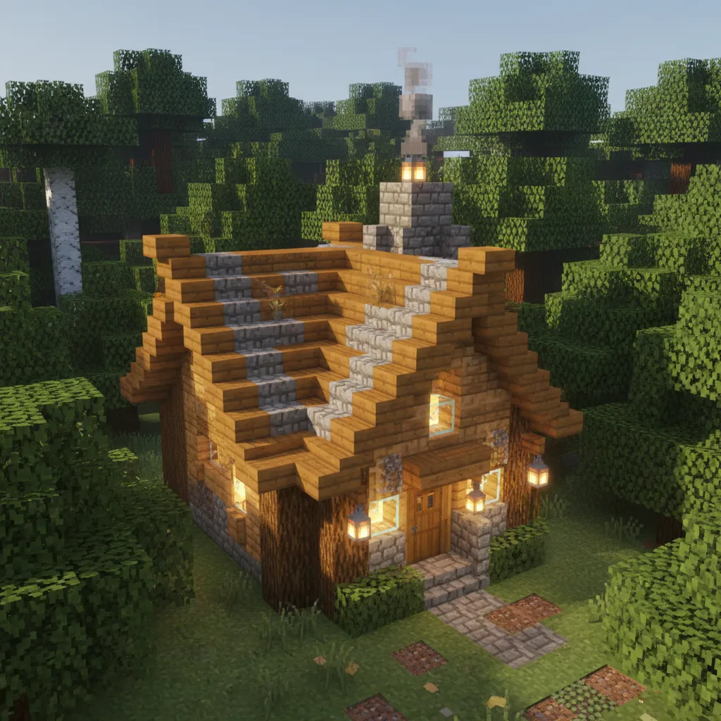 Small wood and stone house with a chimney and glowing lights in a green forest
