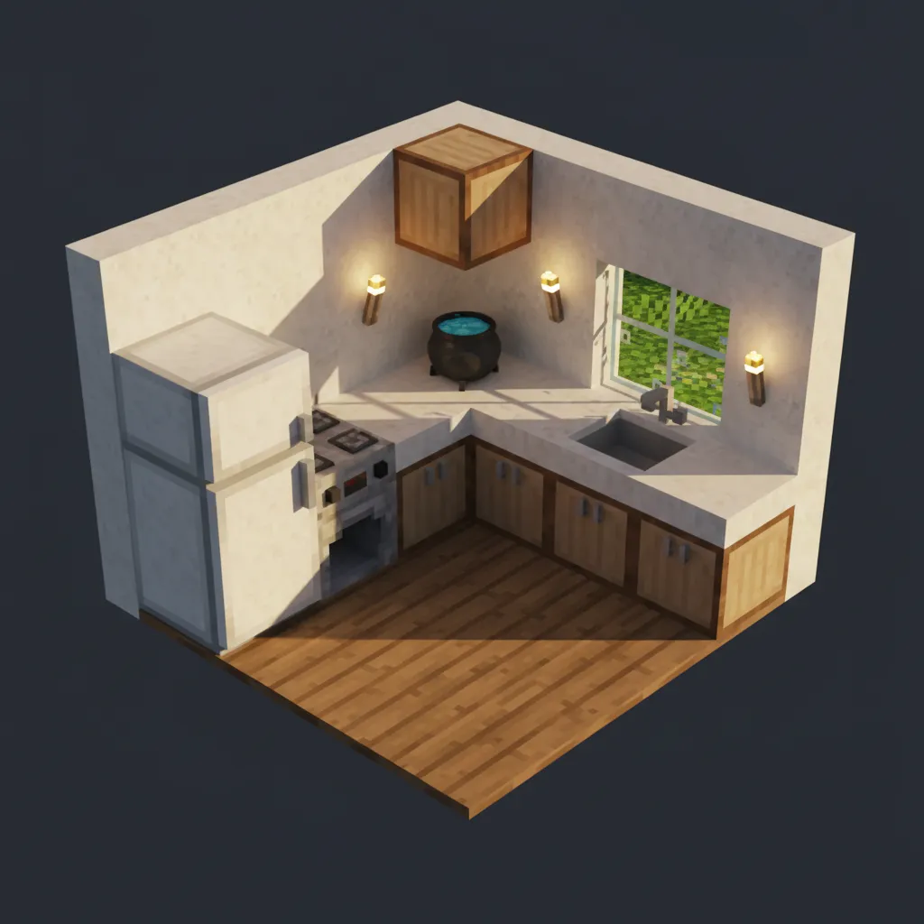 L shaped small Minecraft kitchen layout with fridge counter and oven