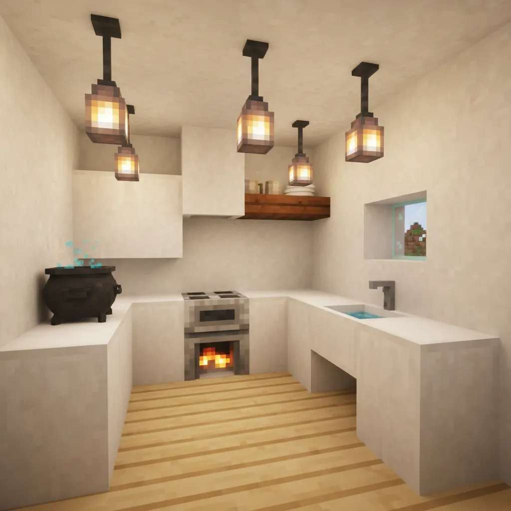 Small Minecraft house kitchen interior with counters and appliances