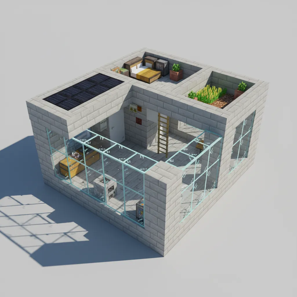 small modern minecraft survival house layout with compact footprint