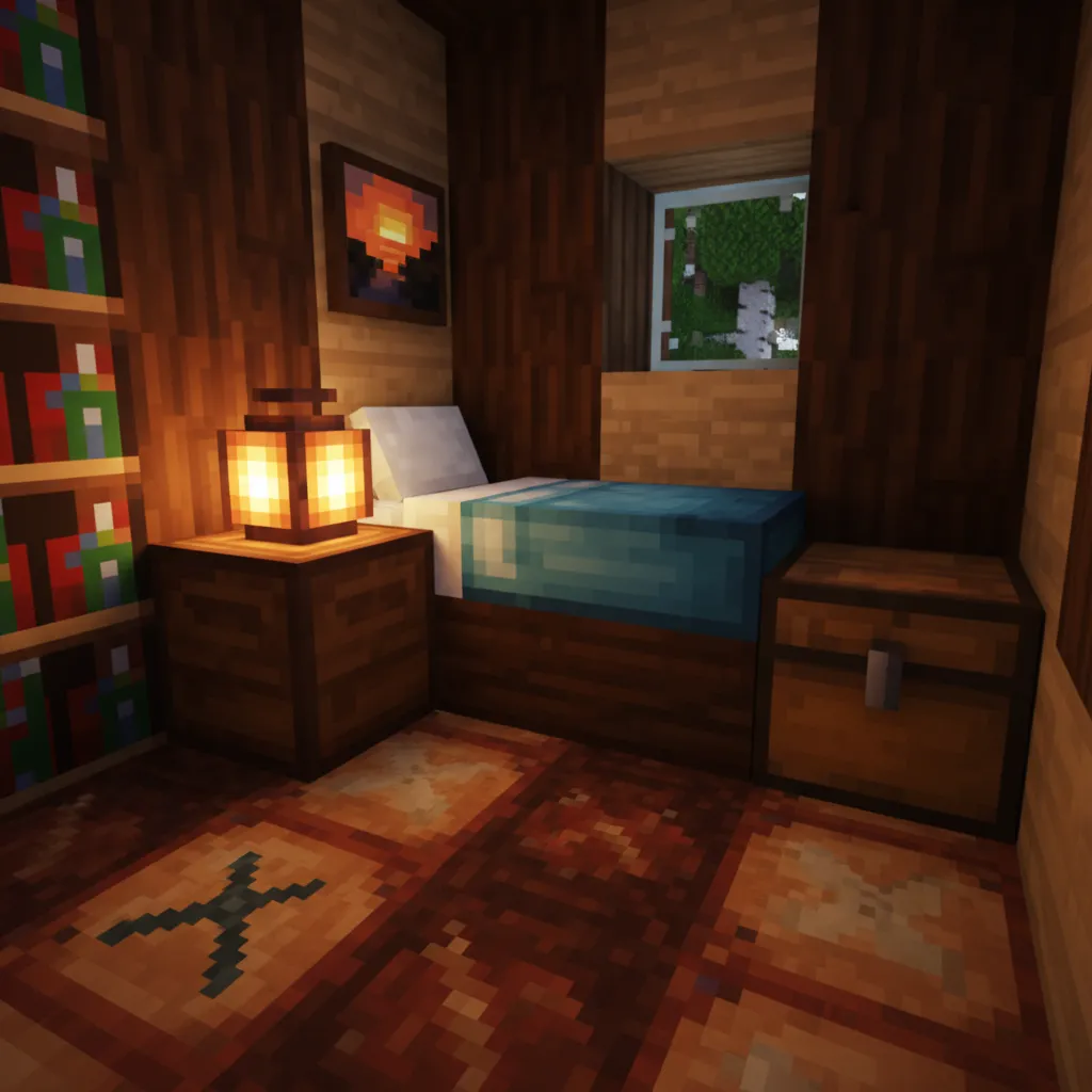 Habitación pequeña en Minecraft bien decorada con alfombra y muebles simples