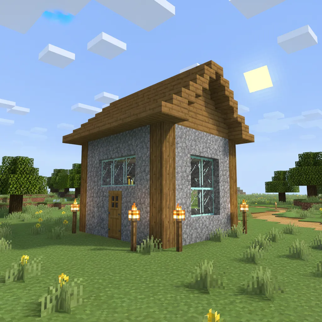 Pequeña casa inicial de Minecraft hecha de madera y piedra