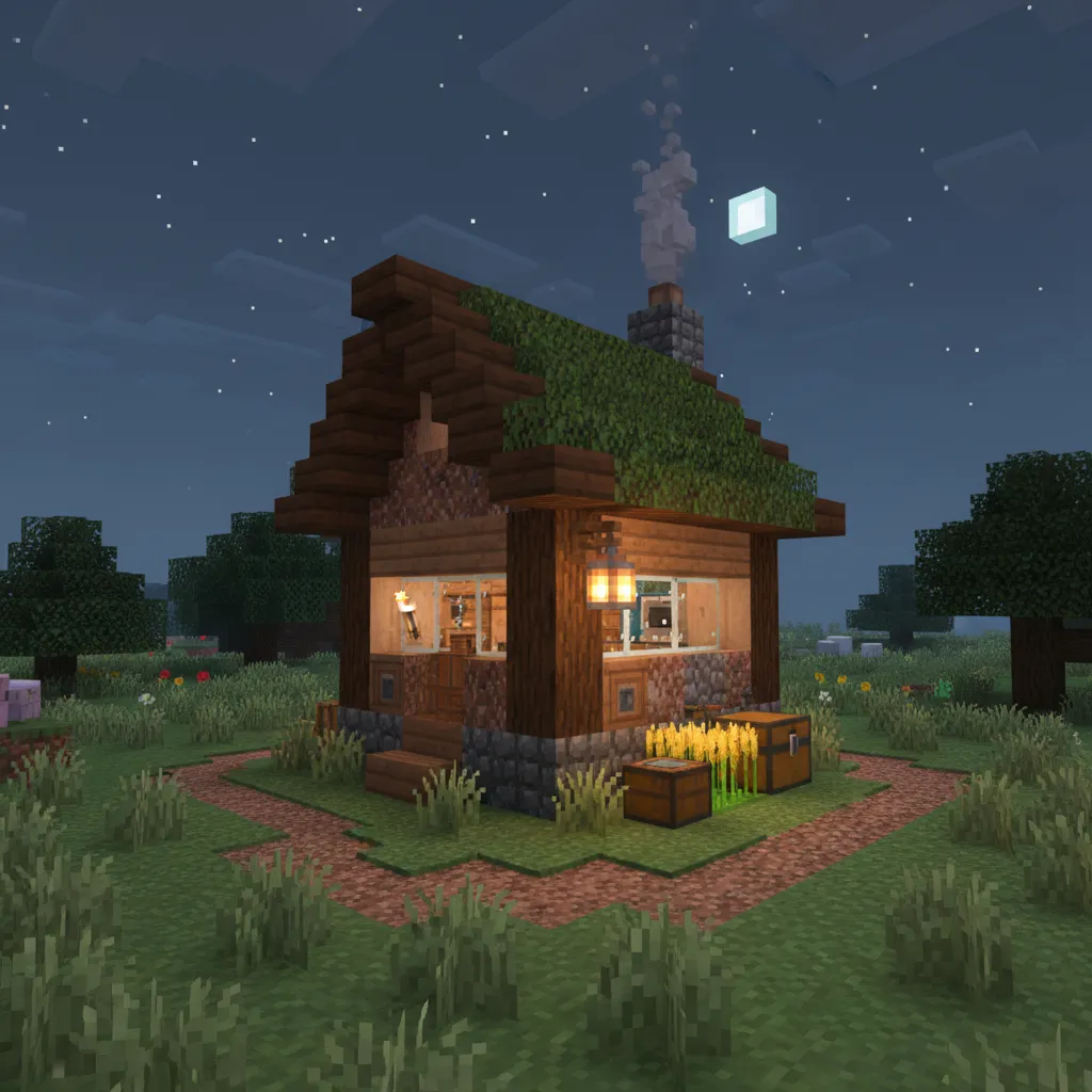 Casa compacta de supervivencia en Minecraft con iluminación exterior