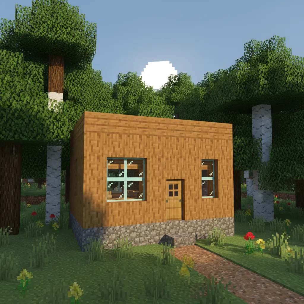 Rumah survival Minecraft kecil dengan bentuk kotak sederhana