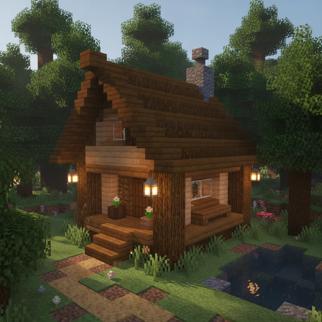 Casa pequeña de madera en Minecraft con techo alto y porche