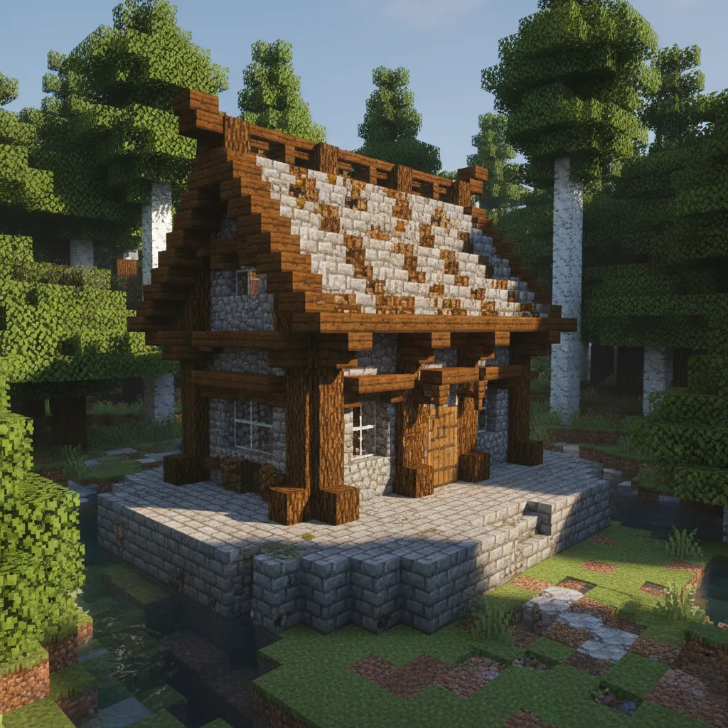 Casa de Minecraft con base de piedra y pilares de madera