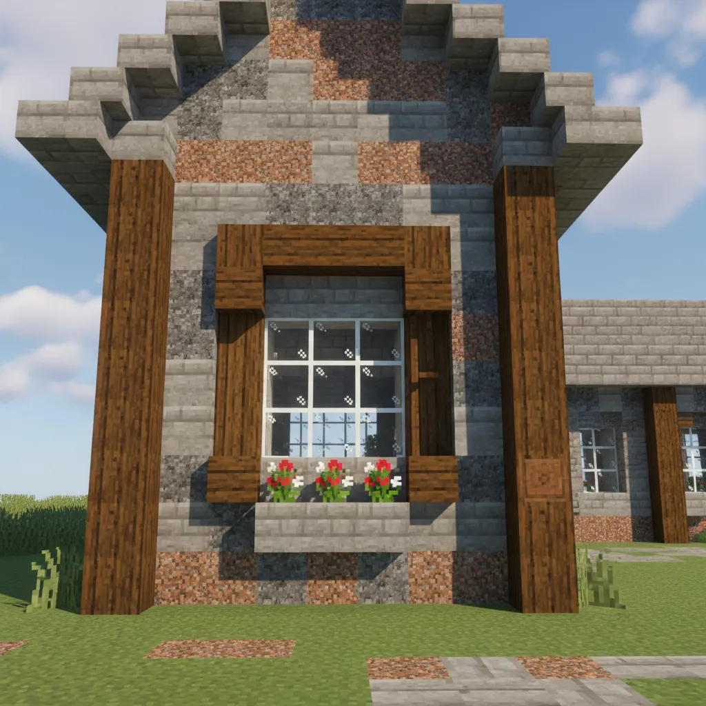 Casa de piedra en Minecraft con paredes con relieve y marcos de madera