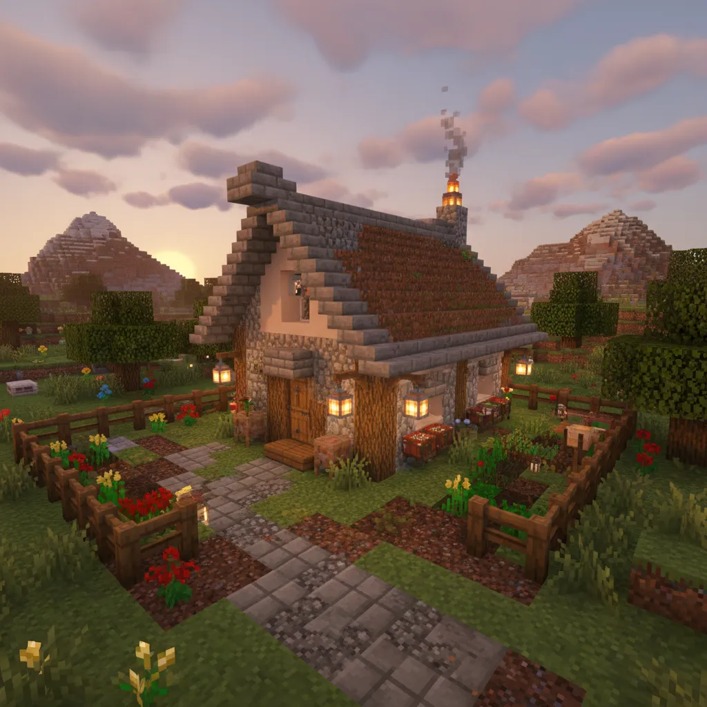 Casa de piedra en Minecraft con jardín y camino de entrada