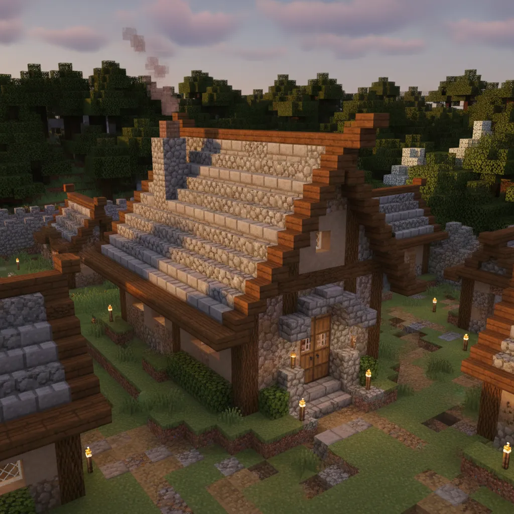 Casa de piedra en Minecraft con techo inclinado hecho con escaleras