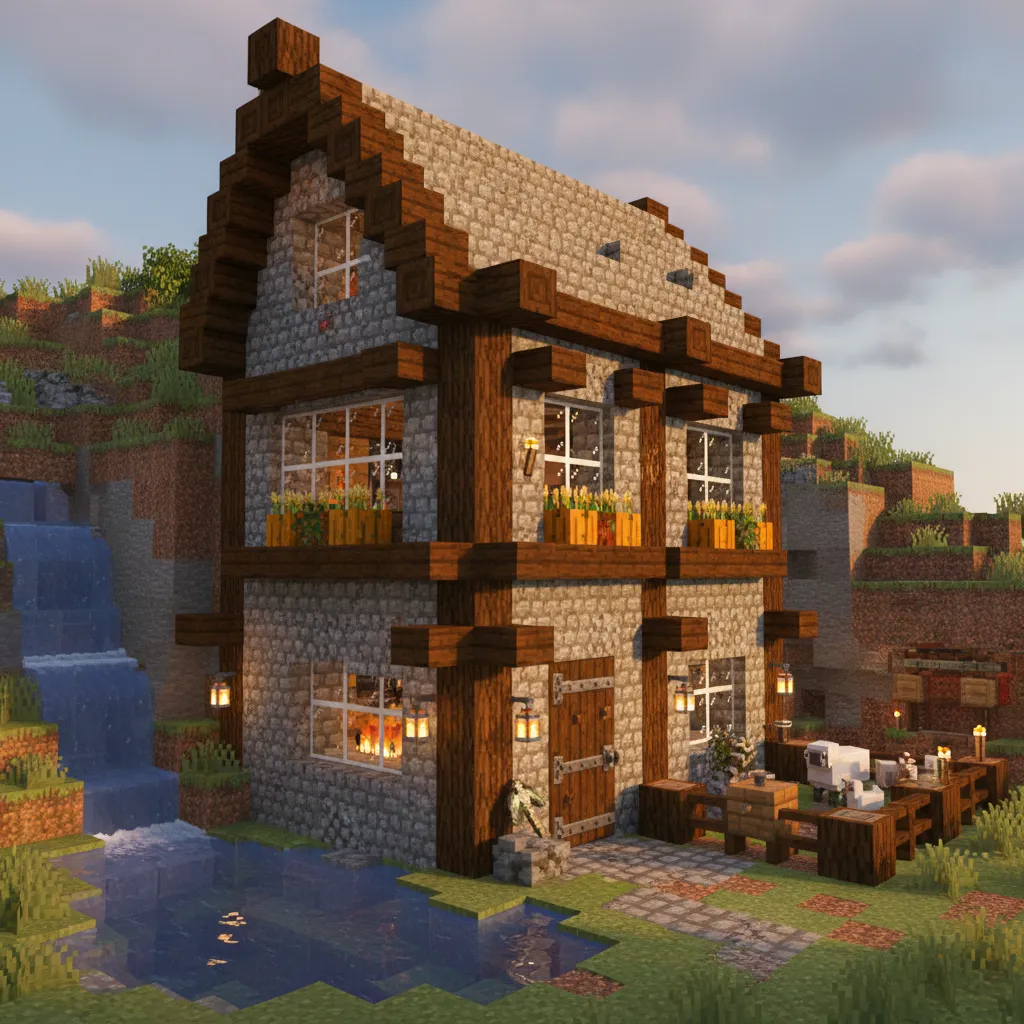 Casa de piedra en Minecraft combinada con madera de abeto