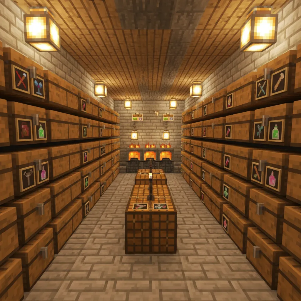 Efficient Minecraft storage and crafting room layout with furnace wall