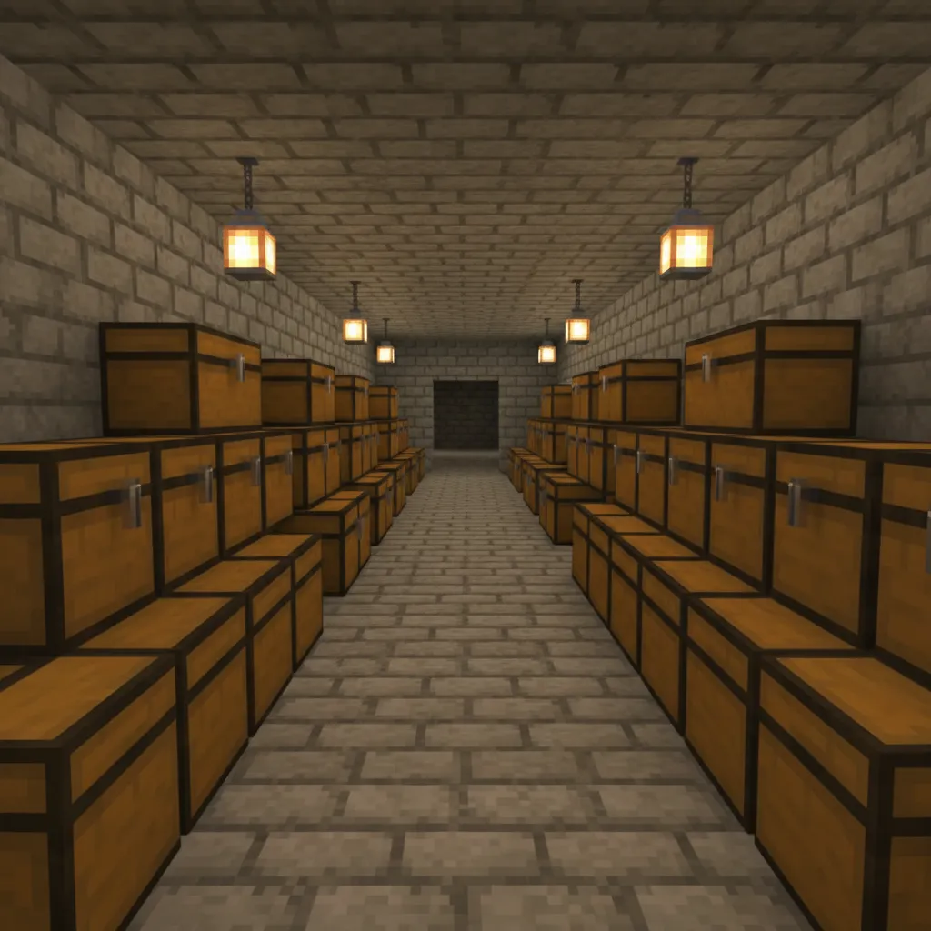 minecraft storage hallway with chest walls on both sides