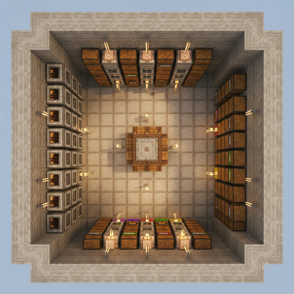 Minecraft survival base central hub with crafting furnaces and organized storage