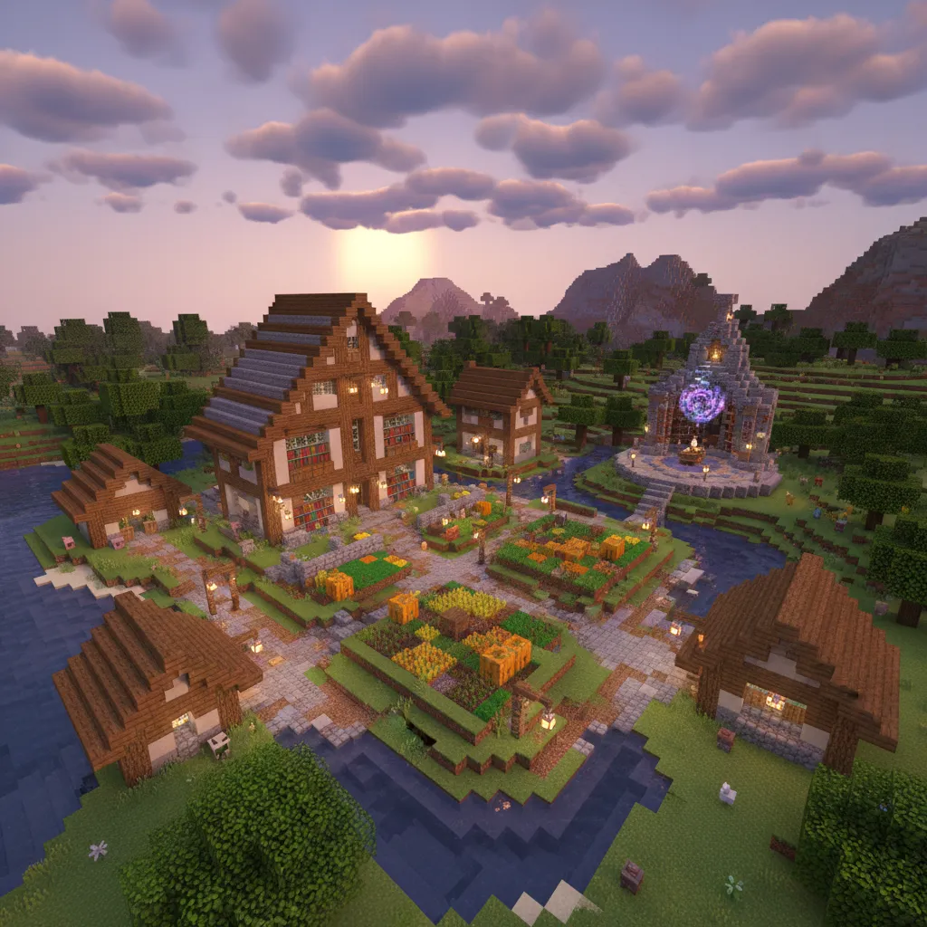 Base de supervivencia en Minecraft con varias estructuras