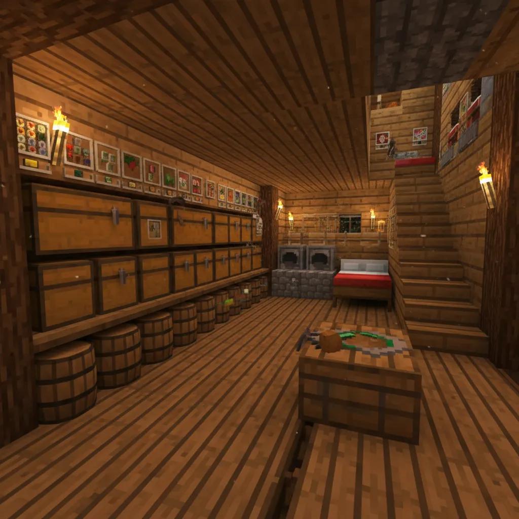 Interior organizado de una casa survival en Minecraft con cofres y hornos