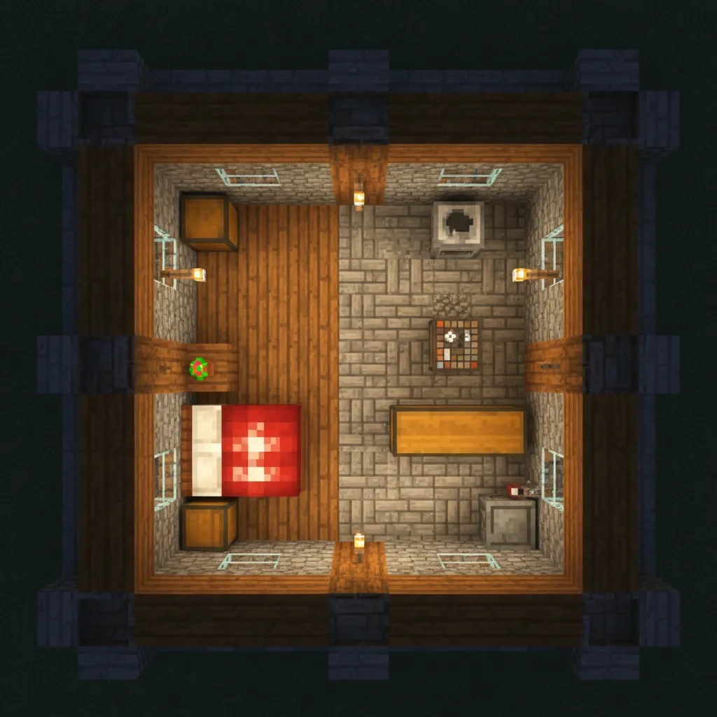 Diseño de casa de supervivencia en Minecraft con zona de crafteo y almacenamiento